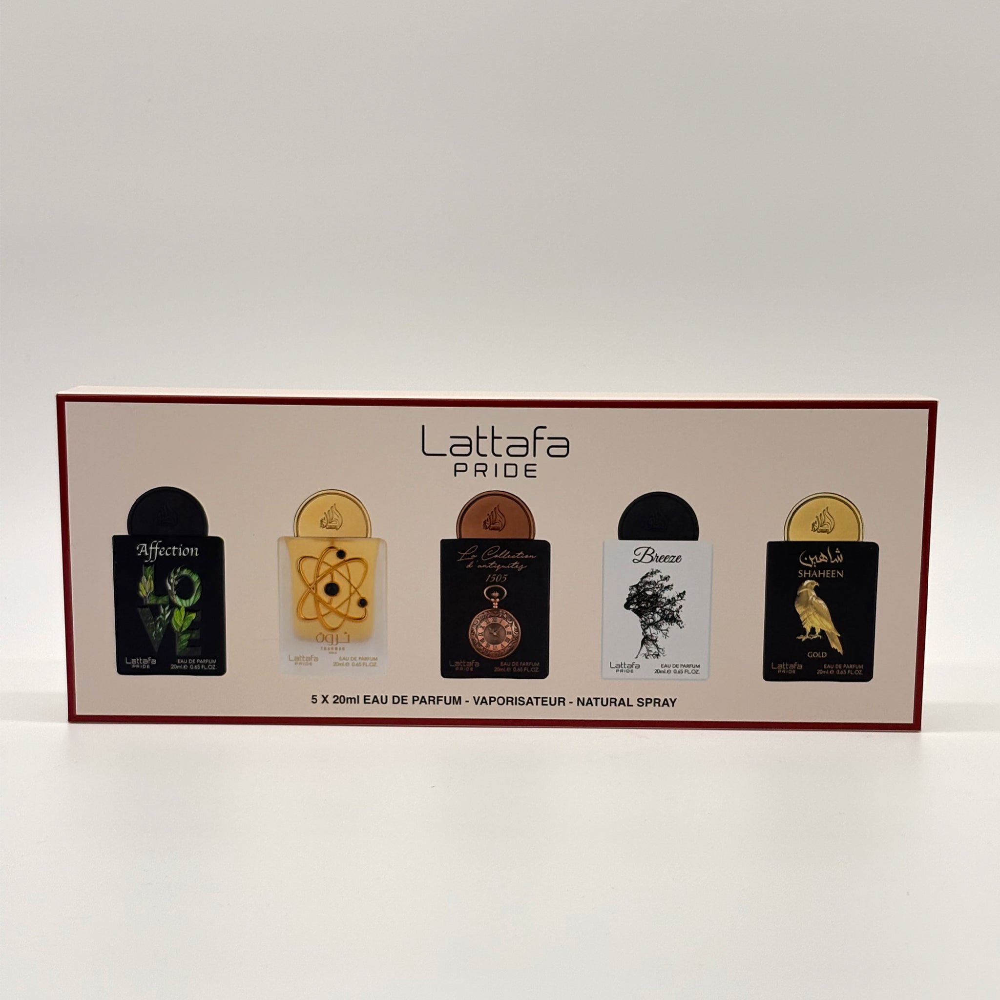 Lattafa 5 PC Mini Affection, Tharwah Gold,D'ANTIQUITES  1505, Breeze, Shaheen Gold 20 ML