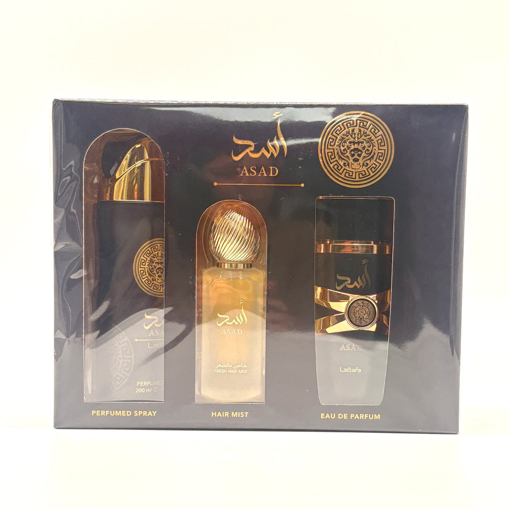 Lattafa Asad 3 Pc Set 3.4 Oz Edp + 6.67 Oz Body Spray + 1.7 Oz Hair Mist