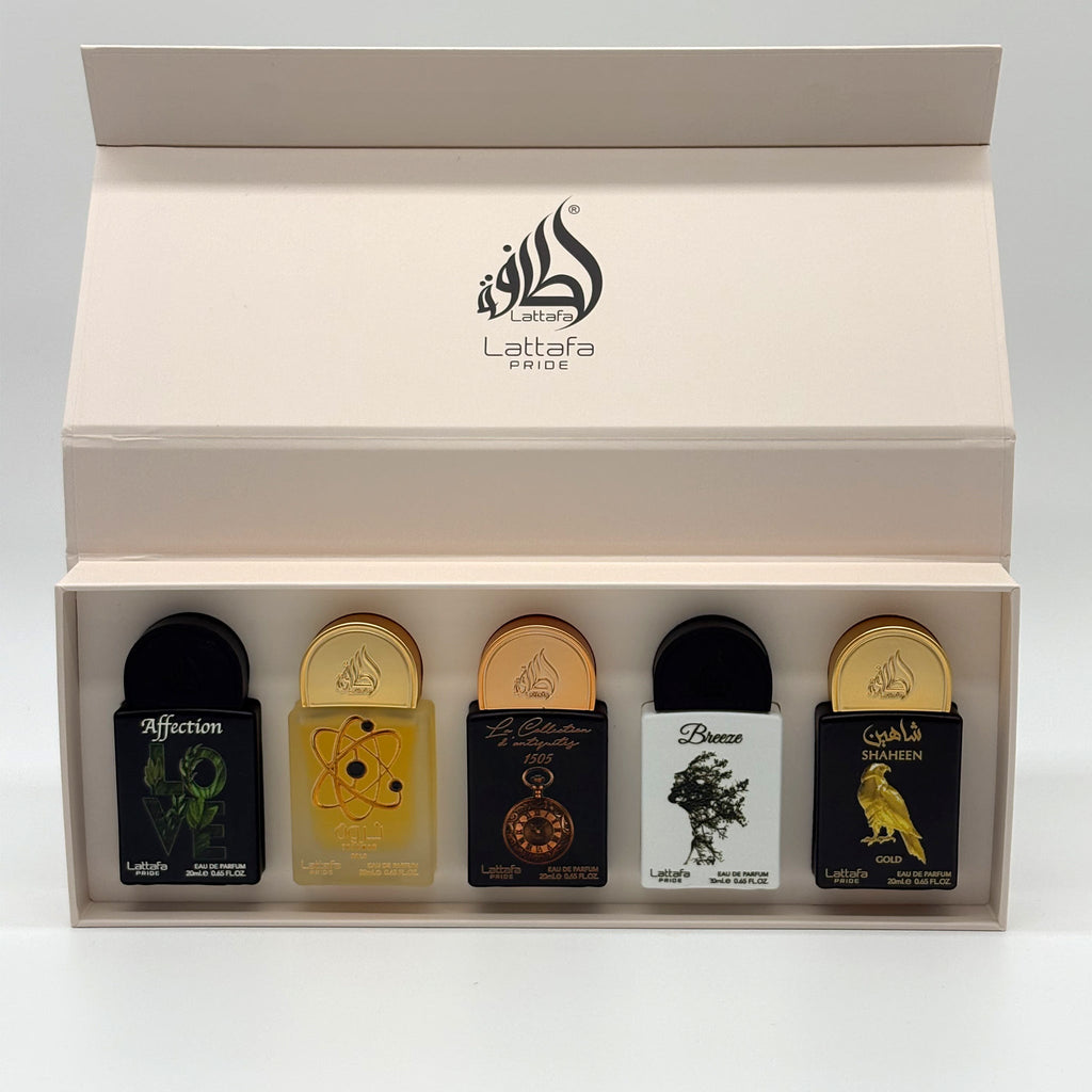 Lattafa 5 PC Mini Affection, Tharwah Gold,D'ANTIQUITES  1505, Breeze, Shaheen Gold 20 ML