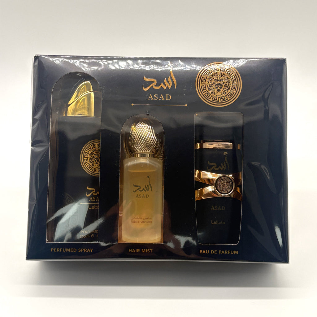 Lattafa Asad 3 Pc Set 3.4 Oz Edp + 6.67 Oz Body Spray + 1.7 Oz Hair Mist