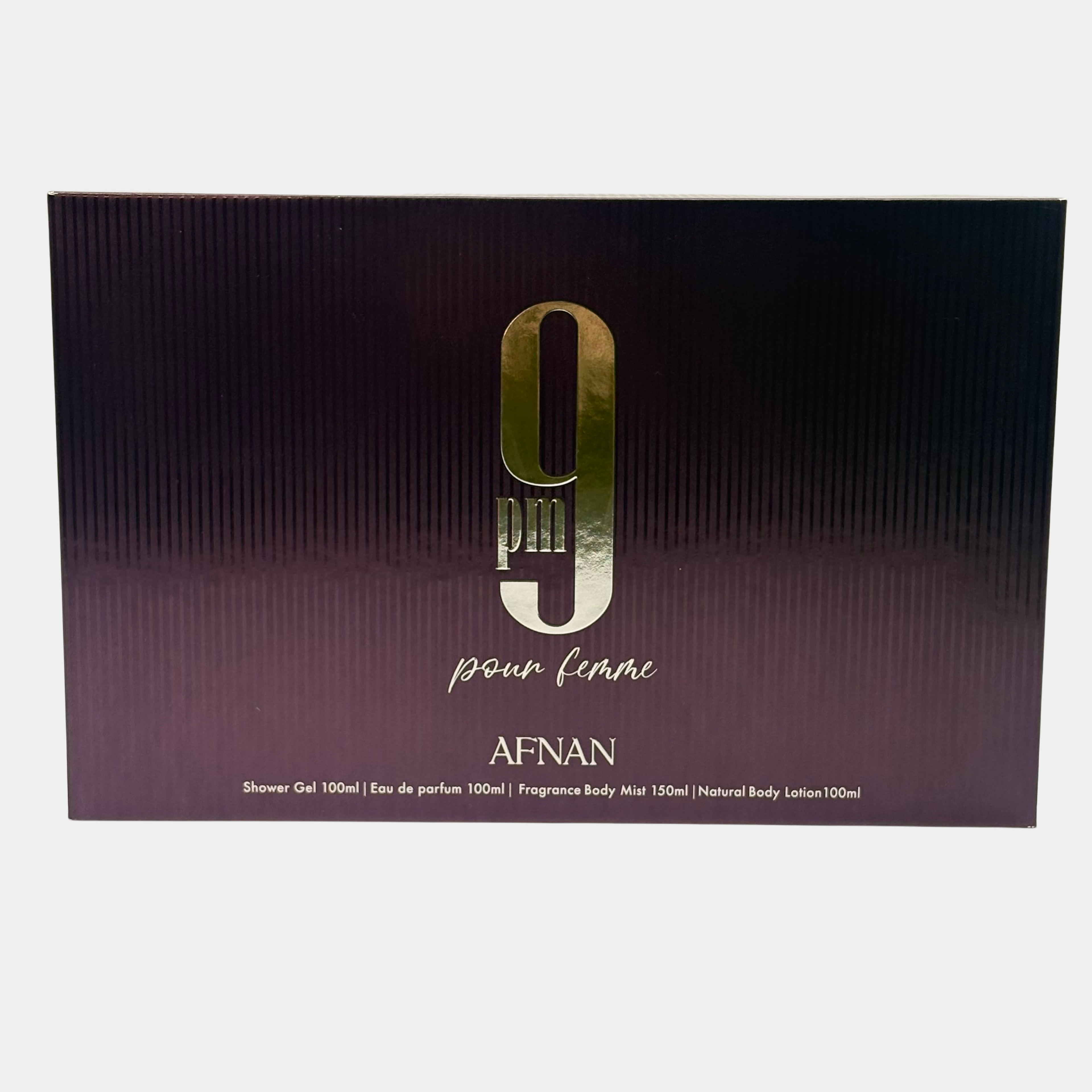 Afnan 9 Pm Purple Pour Femme 4 Pc Set 3.4 Oz + 3.4 S/G + 5 Oz Body Mist + 3.4 Oz B/L