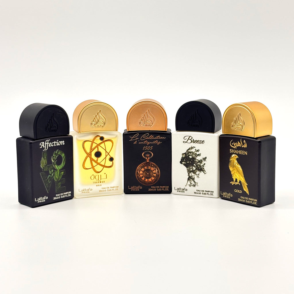 Lattafa 5 PC Mini Affection, Tharwah Gold,D'ANTIQUITES  1505, Breeze, Shaheen Gold 20 ML
