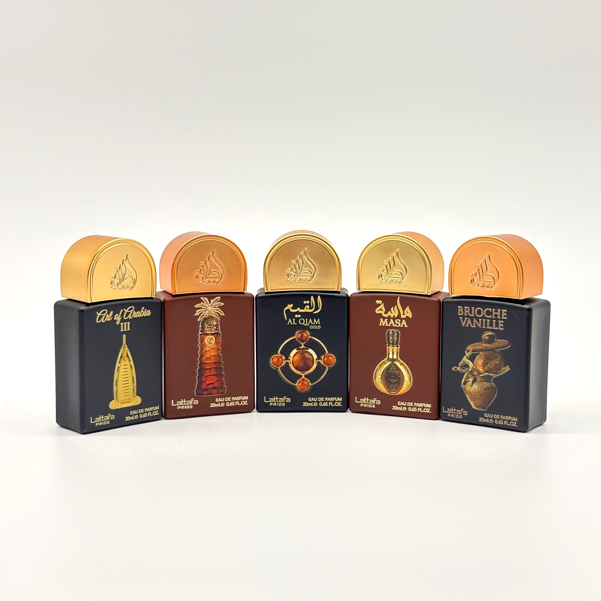 Lattafa 5 PC Mini Spray Art of Arabia III, Ajwaa, Al Qiam Gold, Masa, Brioche Vanille 20ML