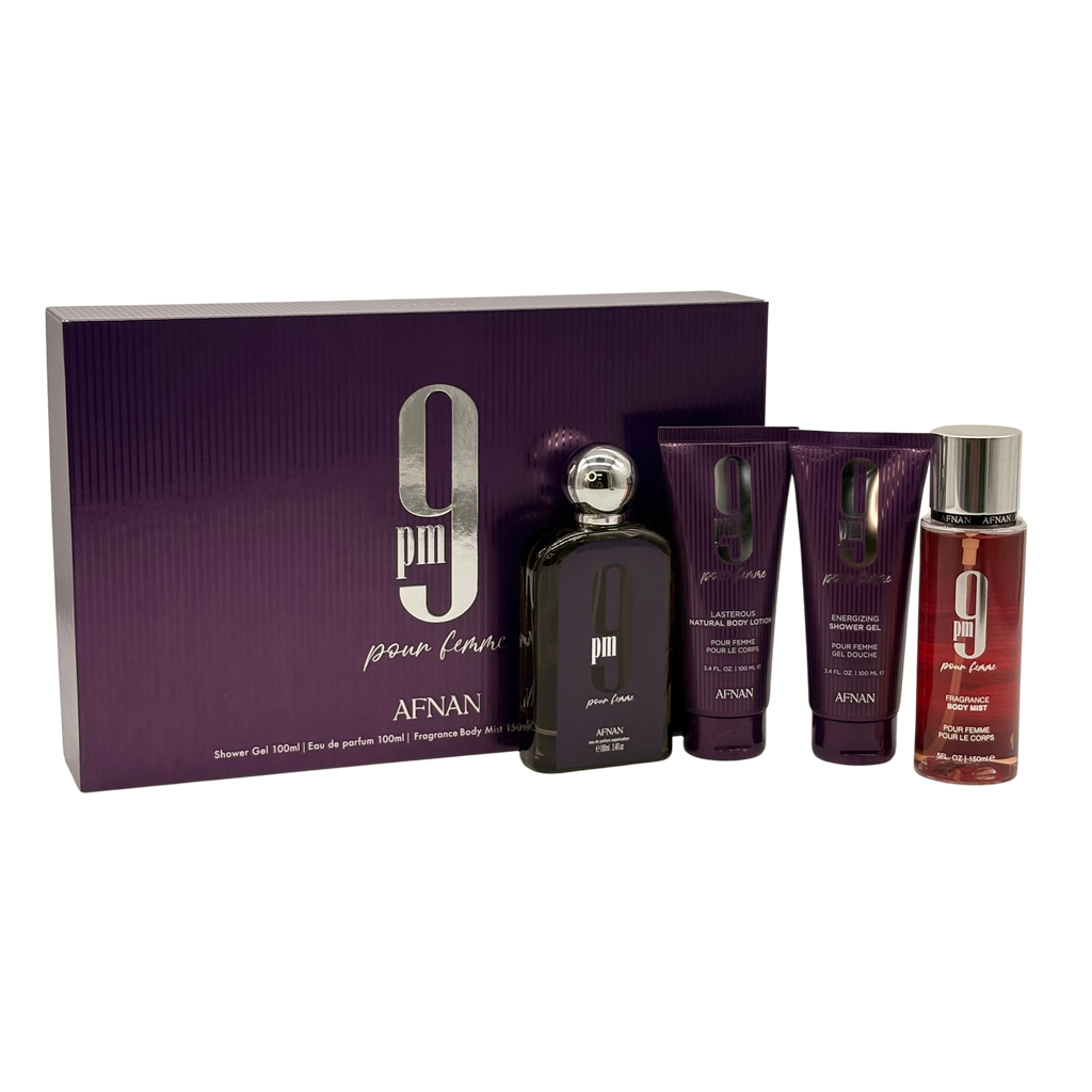 Afnan 9 Pm Purple Pour Femme 4 Pc Set 3.4 Oz + 3.4 S/G + 5 Oz Body Mist + 3.4 Oz B/L