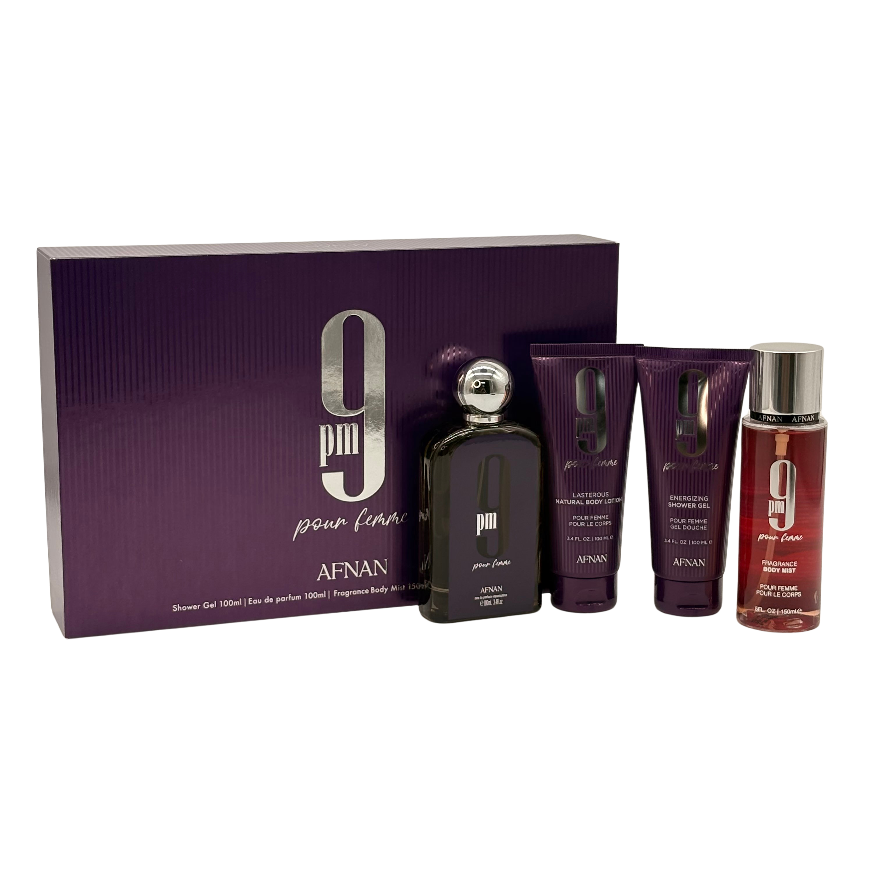 Afnan 9 Pm Purple Pour Femme 4 Pc Set 3.4 Oz + 3.4 S/G + 5 Oz Body Mist + 3.4 Oz B/L