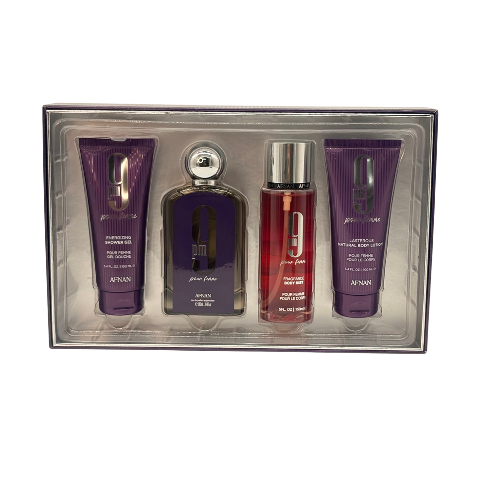Afnan 9 Pm Purple Pour Femme 4 Pc Set 3.4 Oz + 3.4 S/G + 5 Oz Body Mist + 3.4 Oz B/L