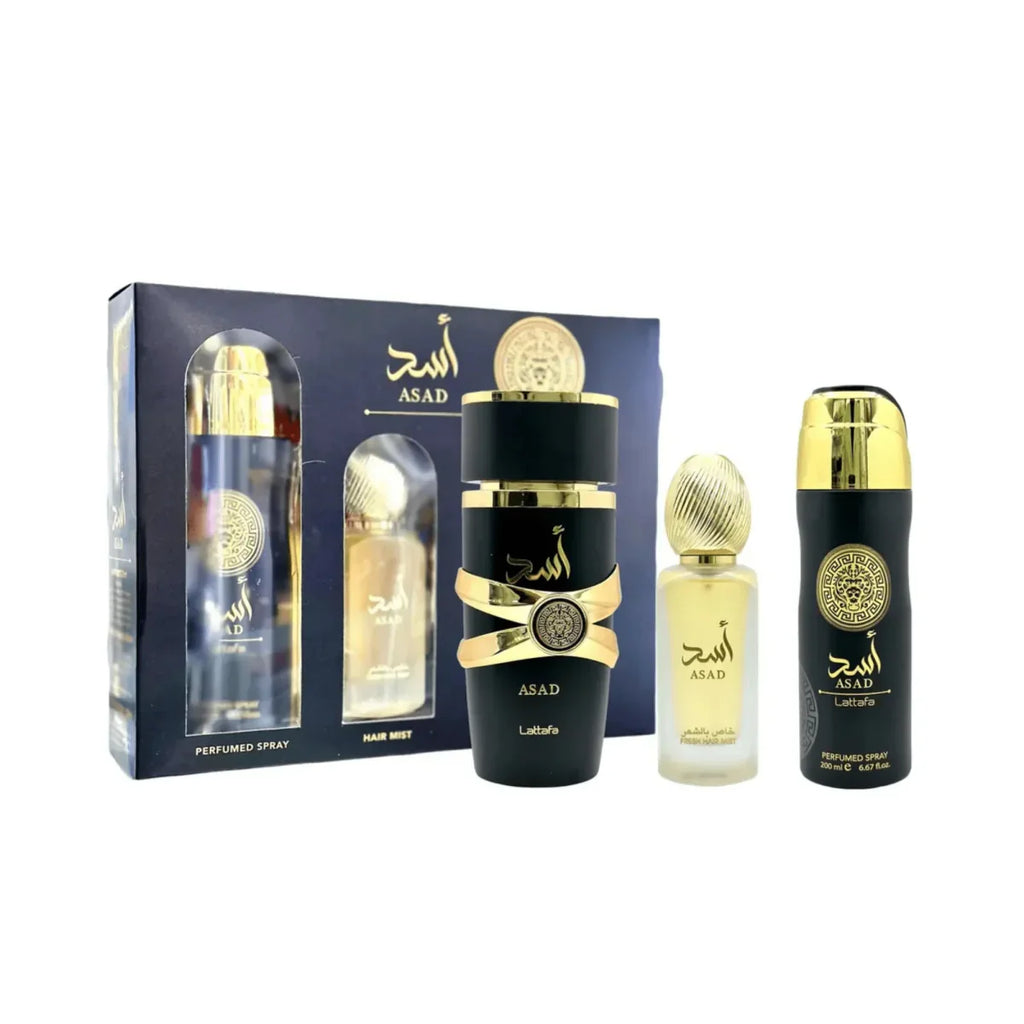 Lattafa Asad 3 Pc Set 3.4 Oz Edp + 6.67 Oz Body Spray + 1.7 Oz Hair Mist