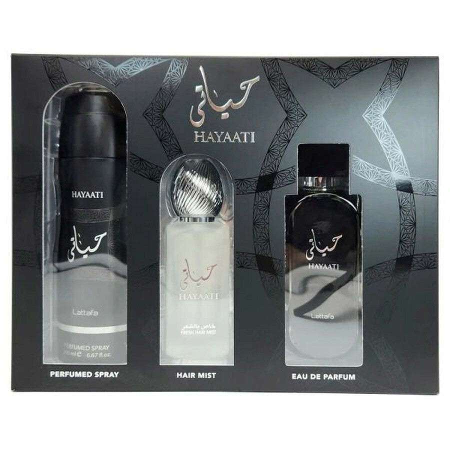 Lattafa Hayaati Black 3 Pc Set 3.4+Mist+Spray
